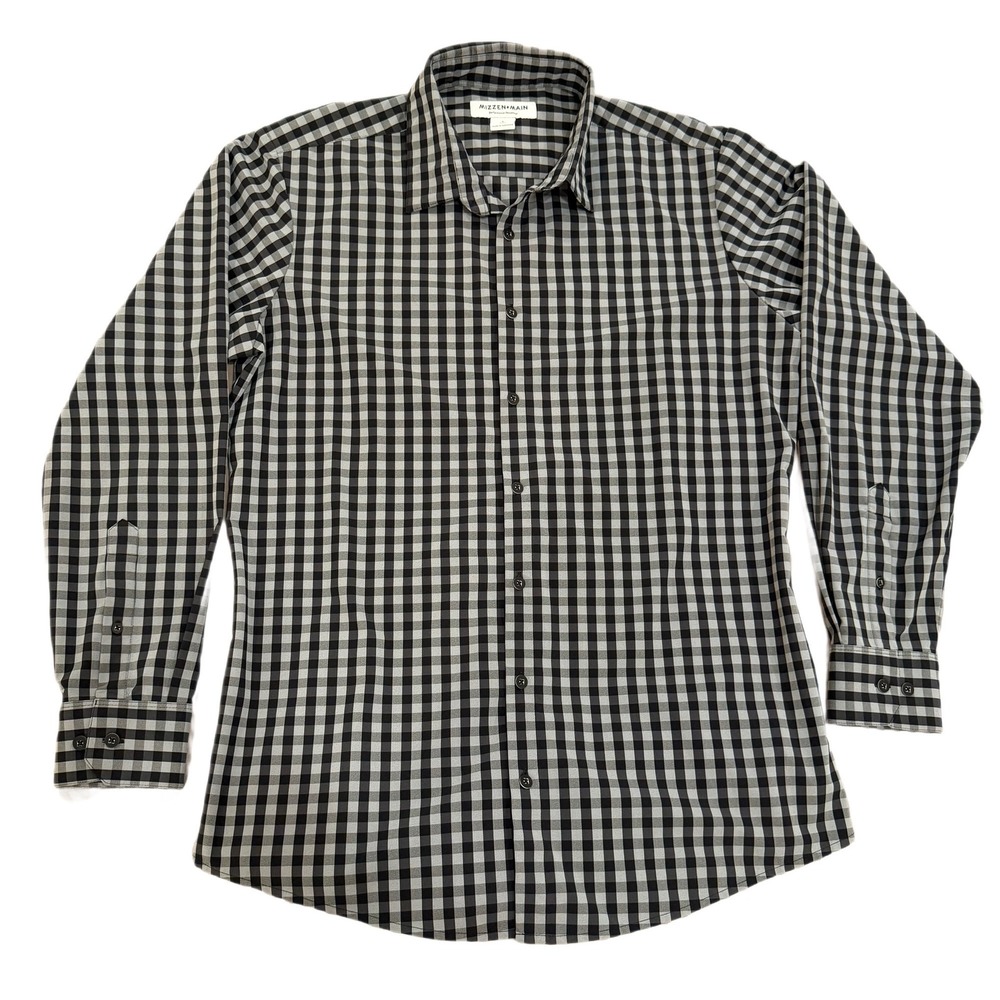 Mizzen+Main Performance Trim Fit Button Down Shirt Black Gray Gingham Large